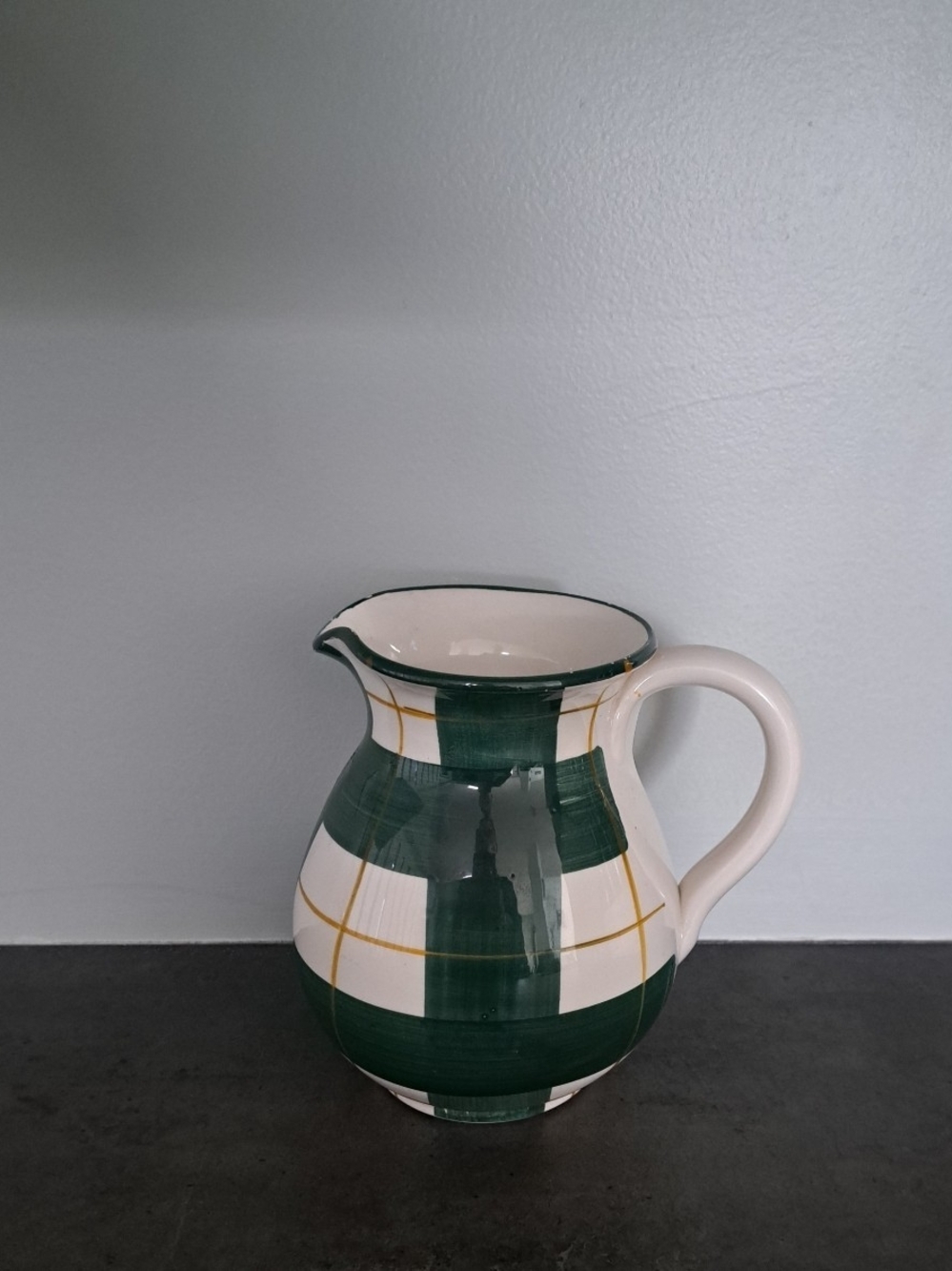 Green and White Ceramic Pitcher with Gold Grid Accent